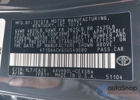 2025 Toyota Camry Se z USA, uszkodzony, nr VIN 4T1DAACK6SU549680